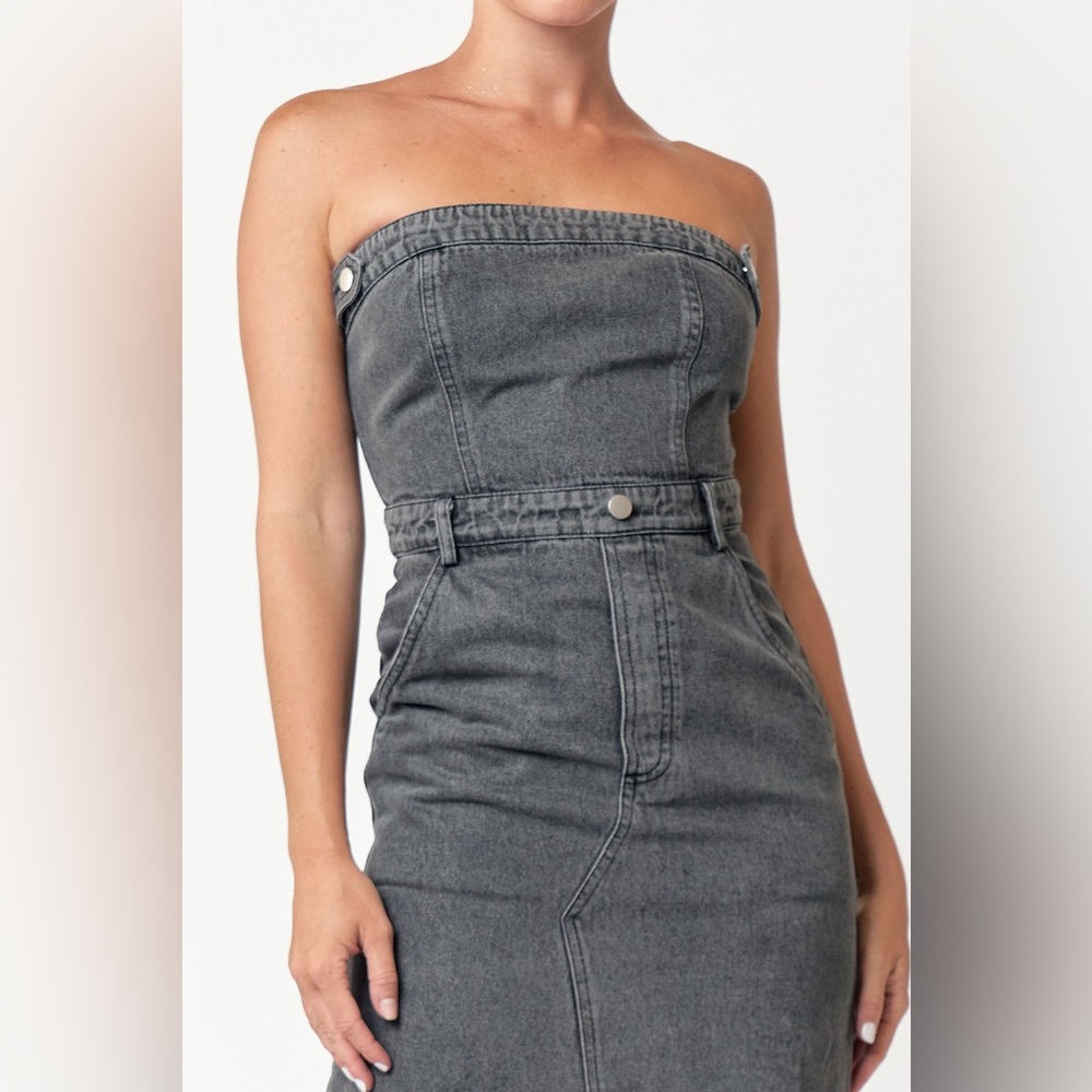 NWT!! Vintage Black Tube Denim Detailed Front Slit Midi Dress🤠 - Picture 4 of 12
